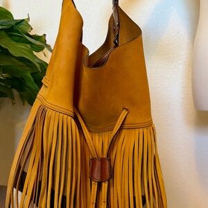 Burberry “Savannah” Fringe Leather Hobo Bag - Mustard Yellow